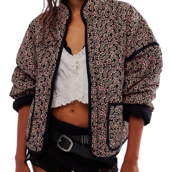 Free People Jackets & Blazers - Free People | Black and Pink Floral Chloe Jacket